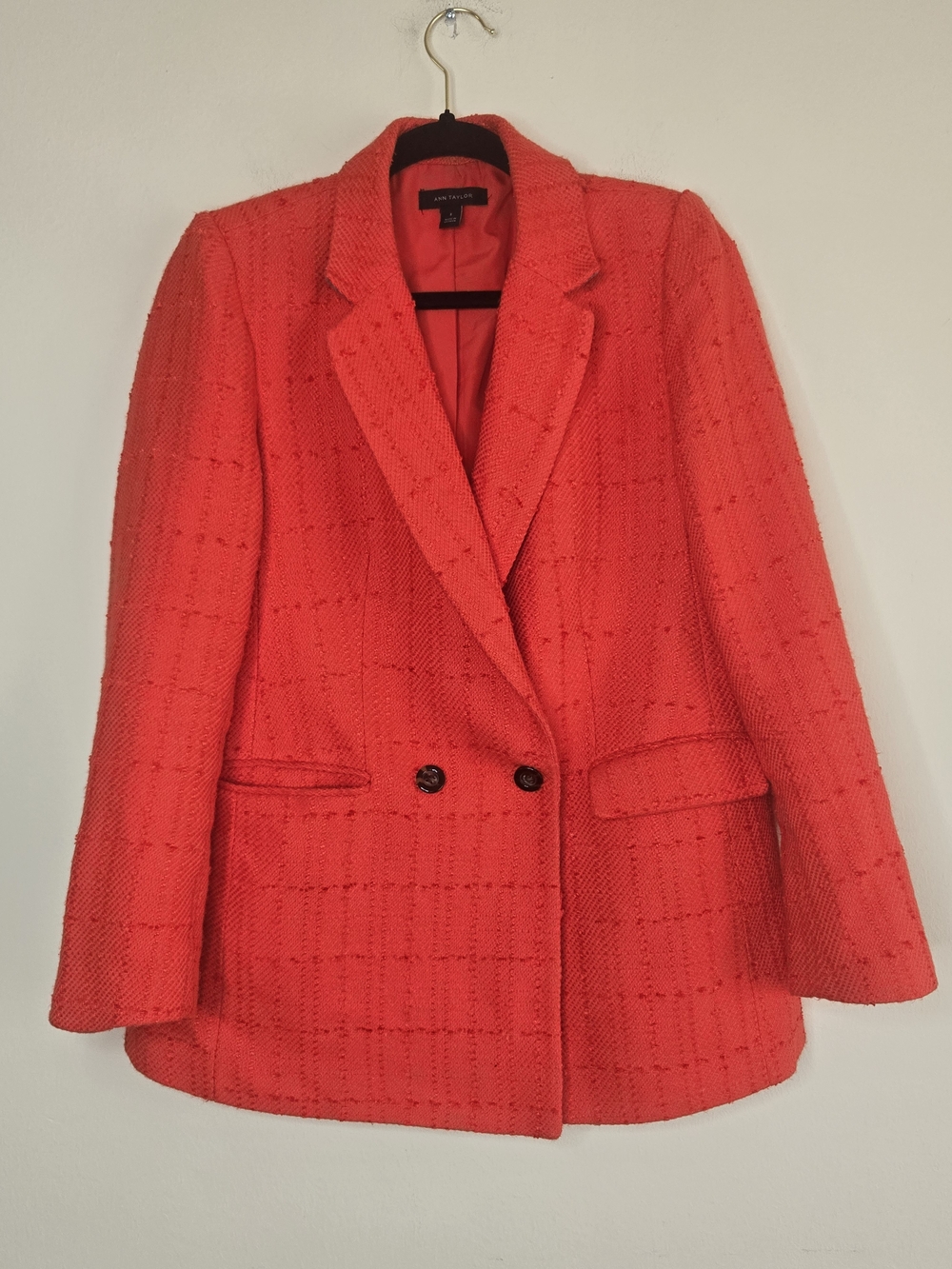 Ann Taylor Textured Plaid Double Breasted Blazer Orange Career Jacket 8 - Picture 3 of 11